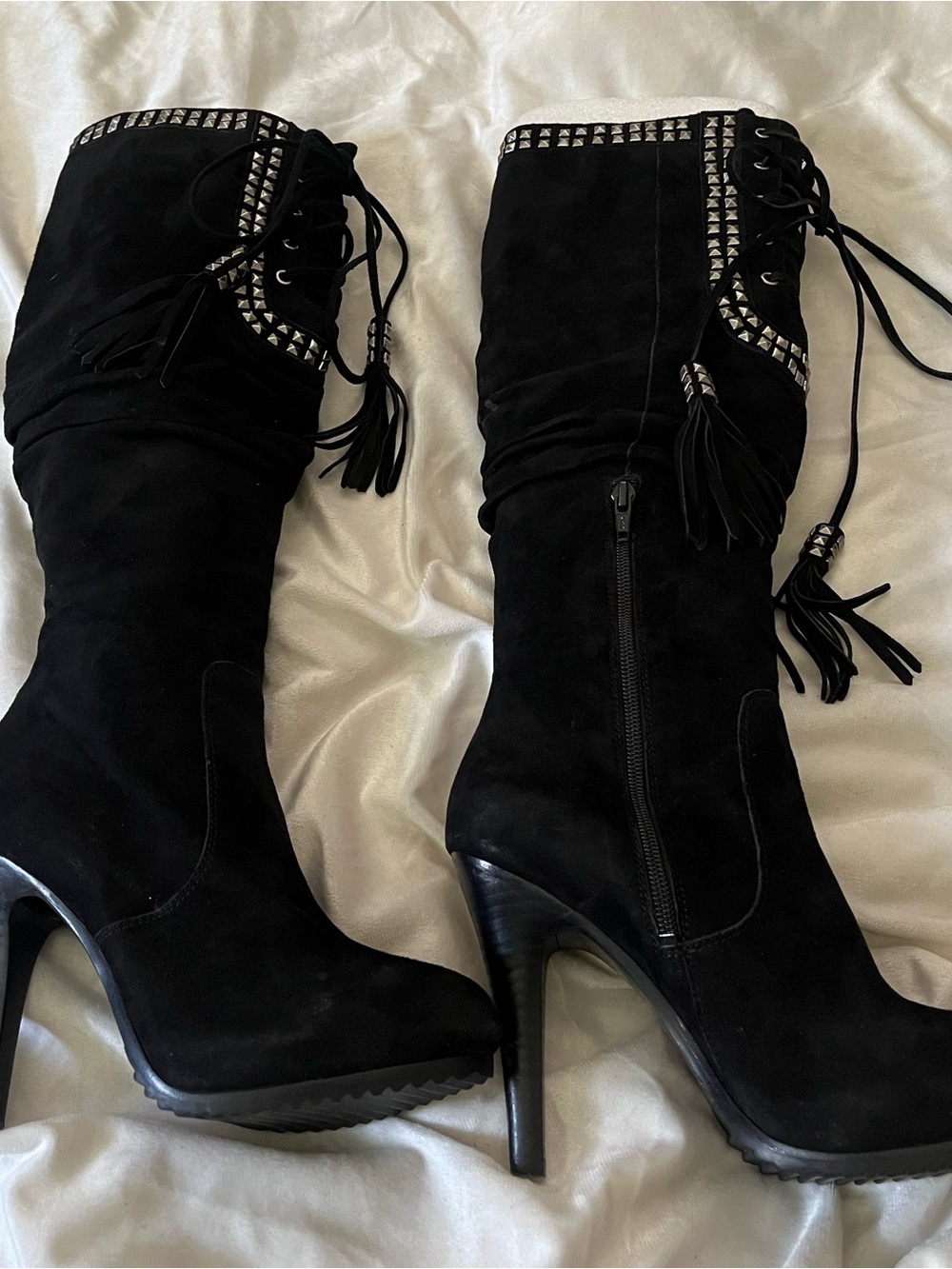Saks Fifth Avenue Black Suede Studded Tassel Lace-Up Heeled Boots